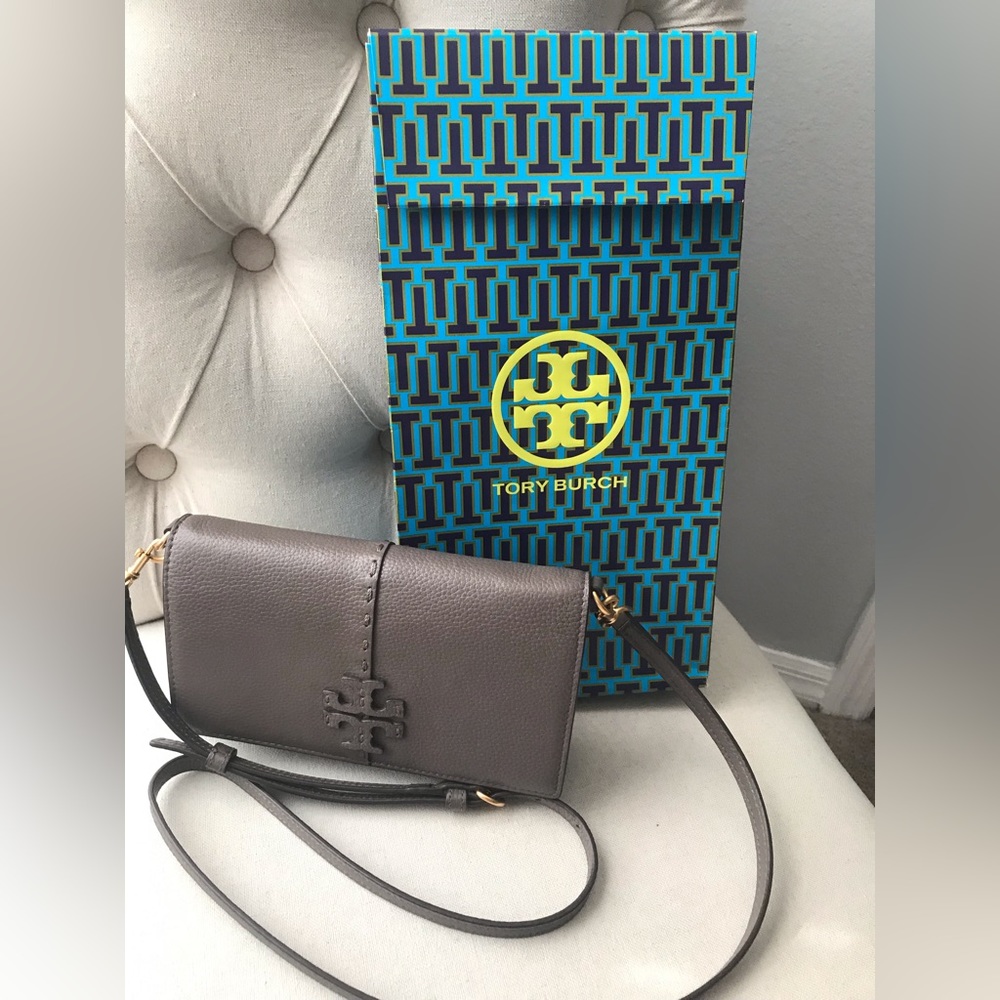 Tory Burch McGraw Leather Wallet Crossbody Purse - Color Silver Maple